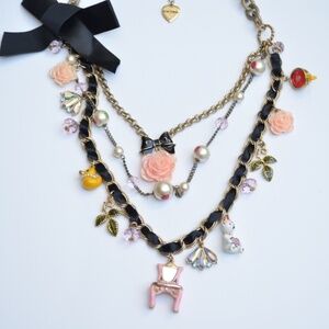 Betsey Johnson Rare Dollhouse Cup Rose Buds Duck Triple Strand Necklace